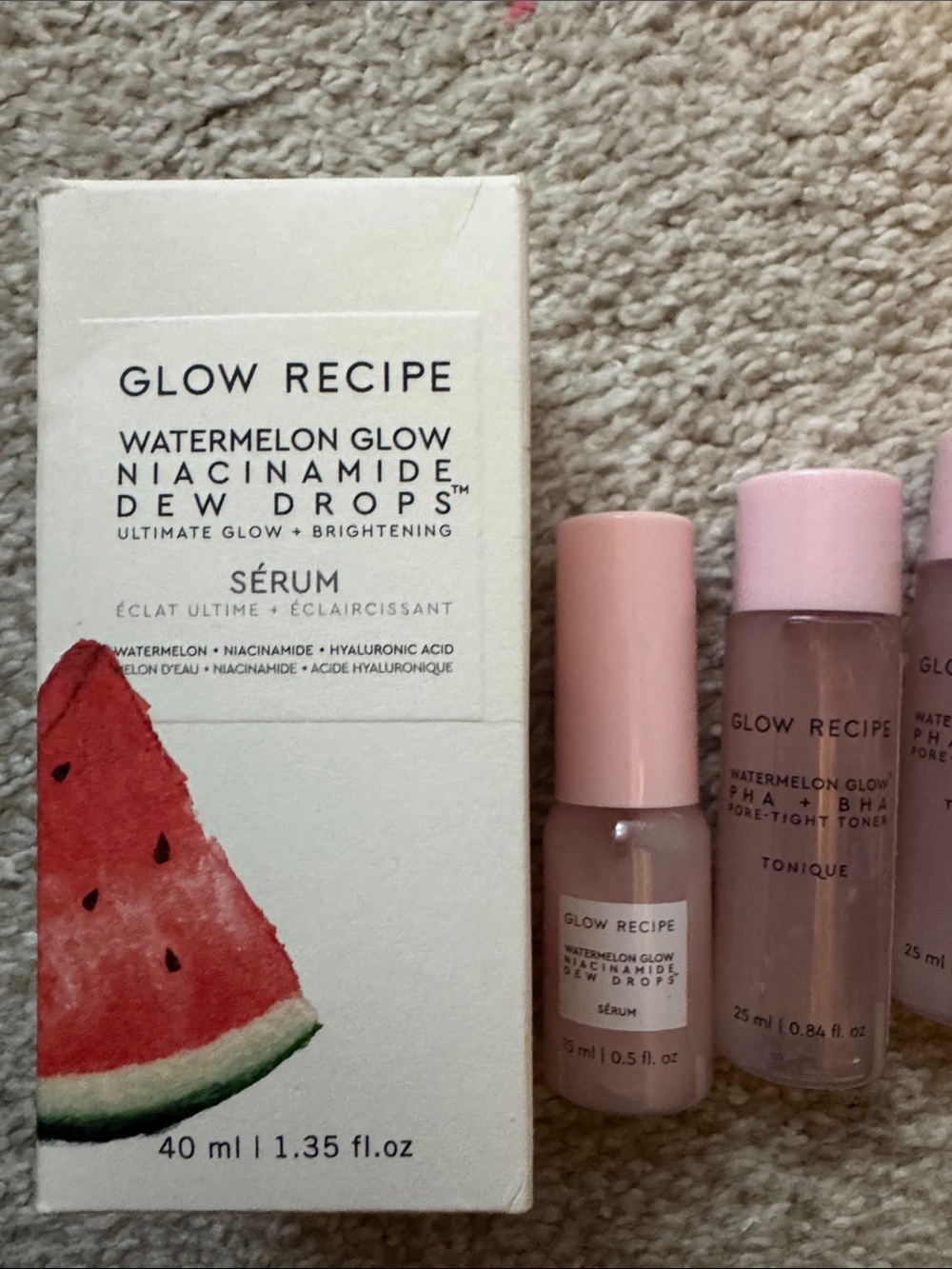New 7 Peices Glow Recipe Mini Dew Drops & Skincare Set Full Size Watermelon Glow